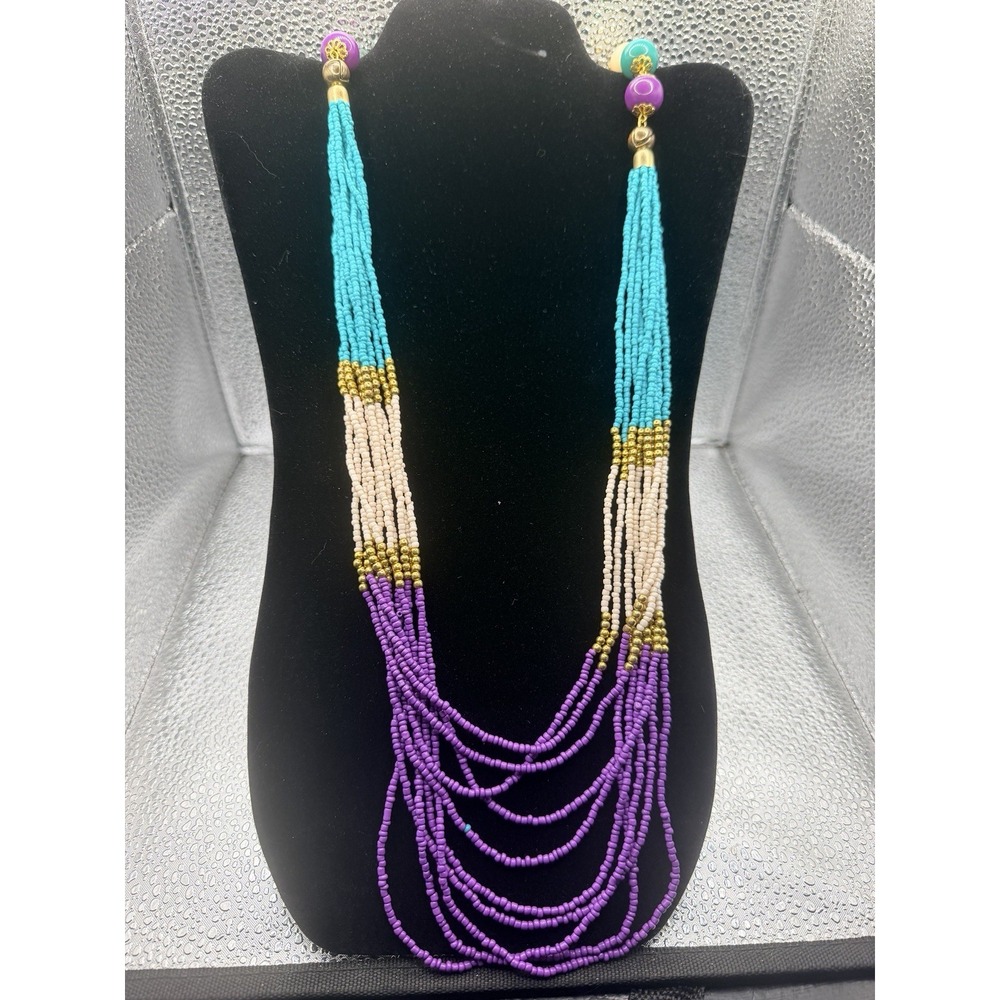 Vintage ZAD Necklace Statement Turquoise Purple Cream Gold Beads Long Necklace